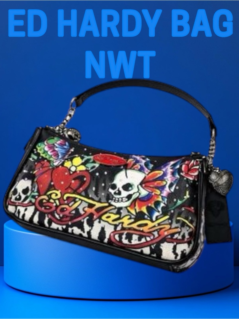 Ed Hardy Black Shoulder Bag with Multicolor Skull & Floral Graphics - Picture 1 of 16